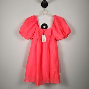 Women's Balloon Short Sleeve Organza Baby Doll Dress - A New Day Hot Pink XS